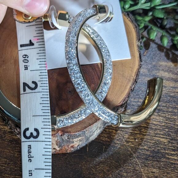 NWT Rebecca Minkoff Glitter Front Large Hoop Earrings Silver Women's Size OS - Picture 8 of 8